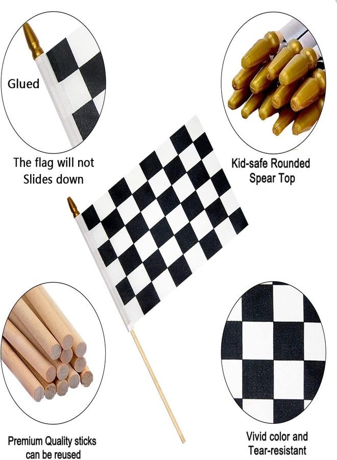 Uelfbaby 4 Pcs 8×12 inch Checkered Flag, Black and White Racing Flag on Wood Stick - Hand Held Stick with Kid-Safe Spear Top, Children's Party Decoration - Image 2